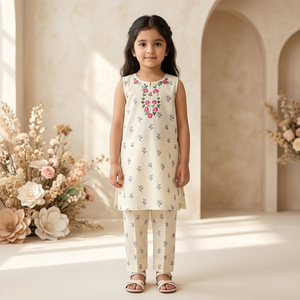 Cream Floral Kurti Set